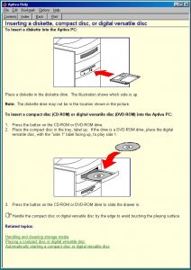 The Aptiva Help guide open on the diskette and CD-ROM section.