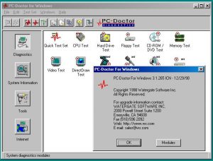 PC-Doctor open on the Diagnostics view with the about dialog open.